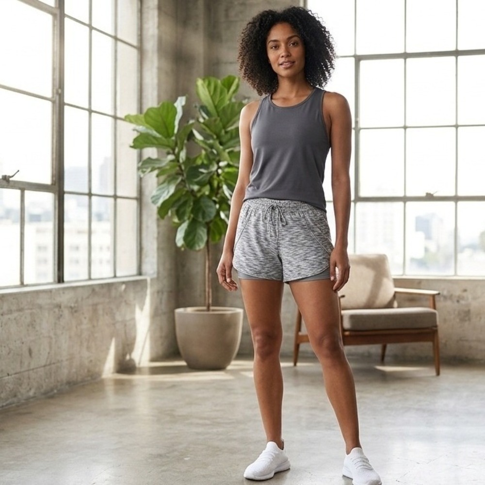BlevonH Womens Space Dye Athletic Shorts Grey White Liner Drawstring Small